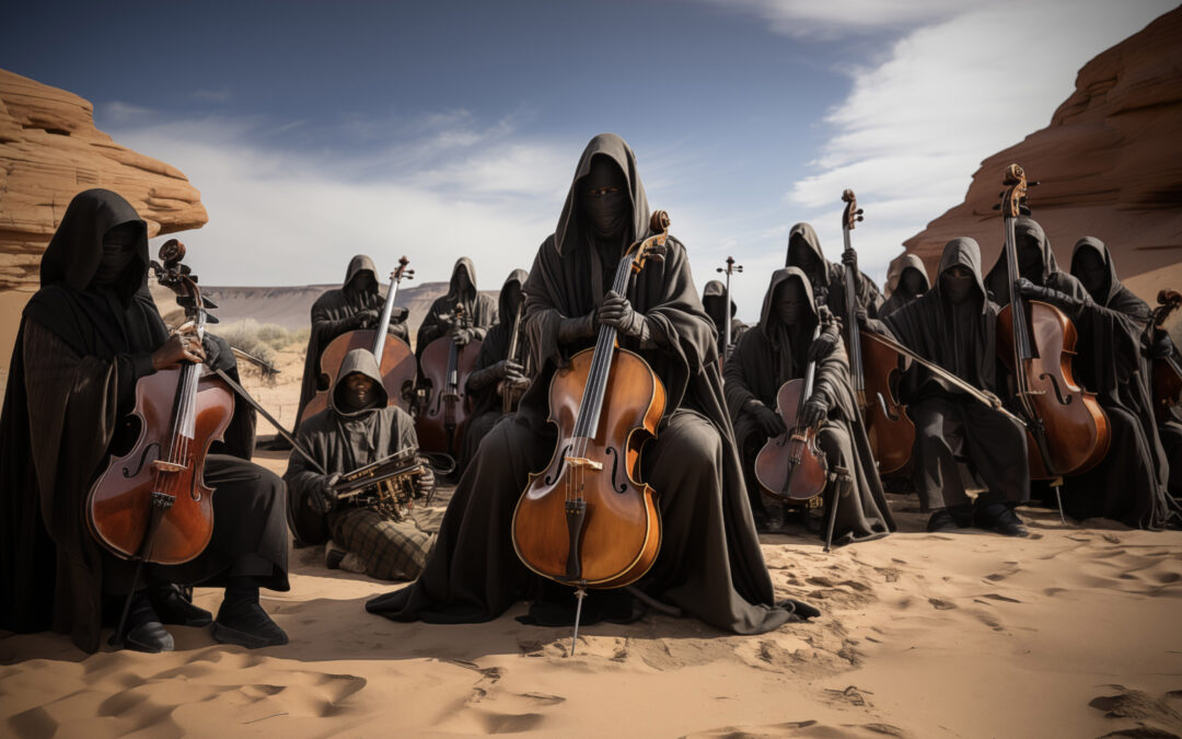 Spooky orchestra of cloaked figures in a desert