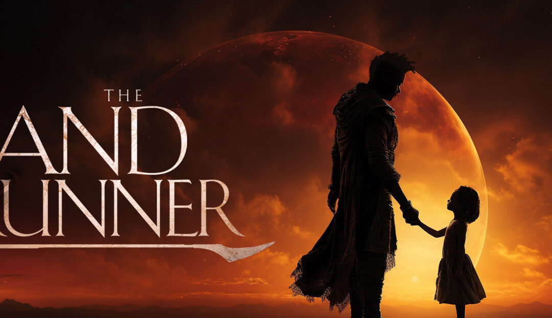 The Sandrunner Cover Art - Roan and Talarain holding hands in a sunset